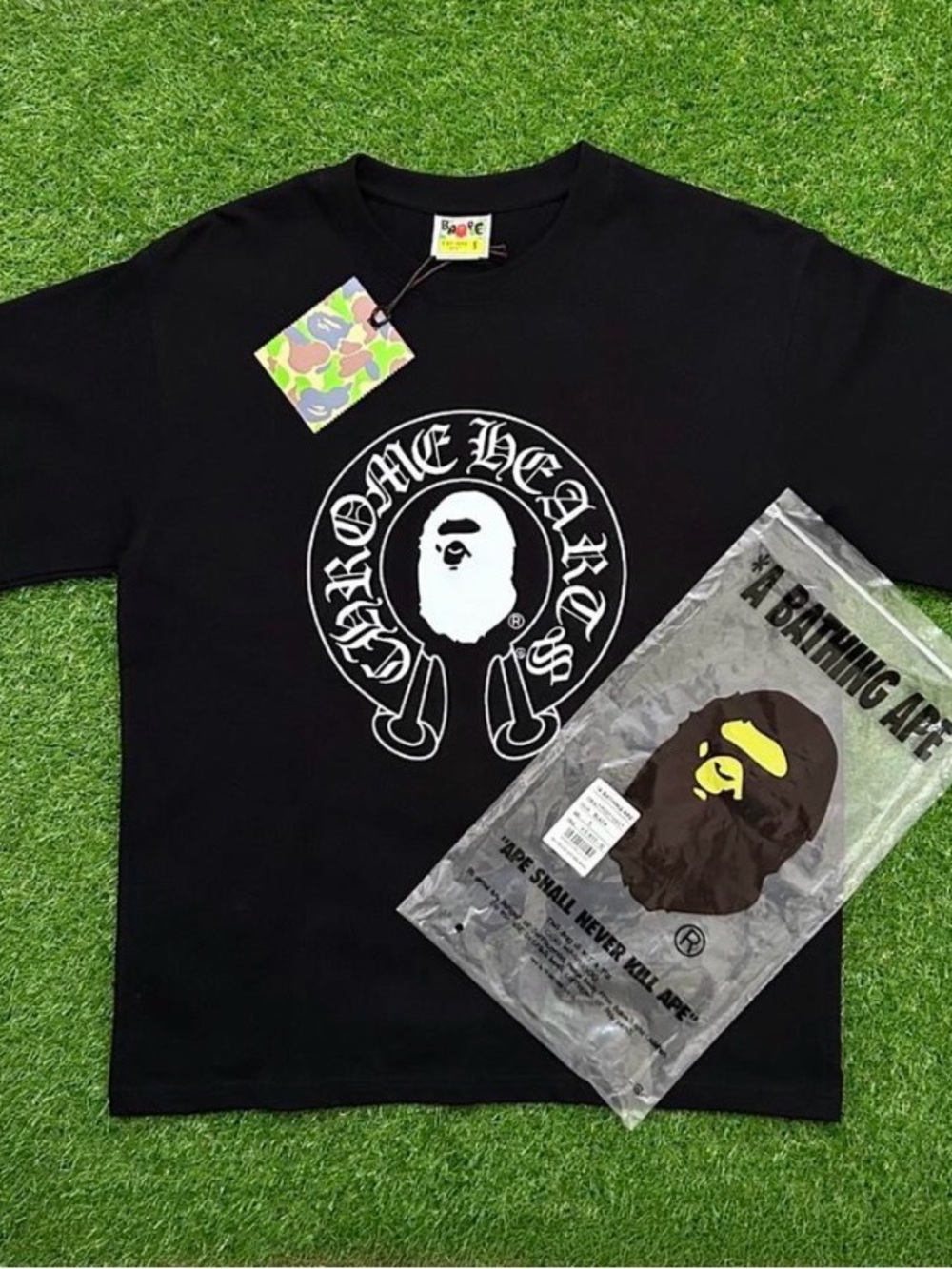 Bape Black Tee with White Ape & Chrome Hearts Style Logo